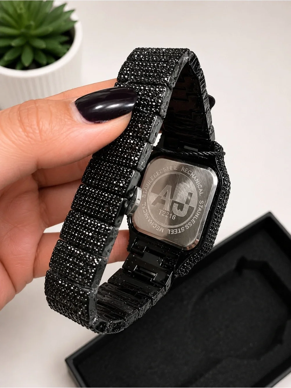 Original AJ Black ice square watch / Roman numeral dial / luxury stainless steel